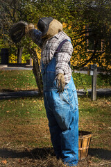 Colourful scarecrow doing their jobs