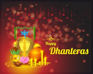 Vector illustration of Happy Dhantera with goddess Lakshmi footprint on gold coin, lord ganesha, puja kalash, lotus, diya, gold coin pot, on beautiful bokeh backgrund.