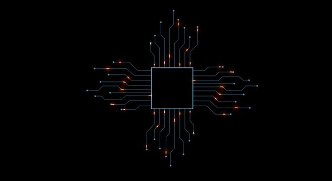 4K animation chip set cpu controller and print circuit for text or logo. Electrical signals flowing in electrical conductors. Technology cyber and futuristic concept. Space text