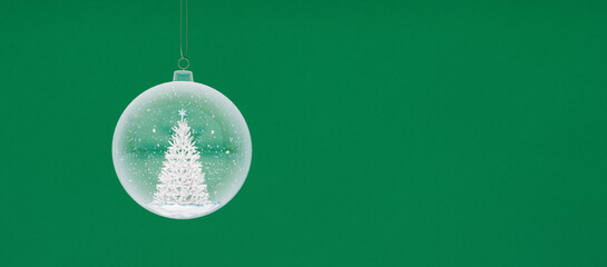White Christmas tree in frozen snow globe on green background 3D Rendering