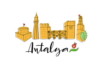 Fototapeta premium Antalya city name and illustration with city sights isolated on white background for banner, sticker, souvenirs, booklet. Hand drawn vector lettering and illustration for travel agency, print shop