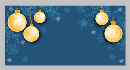 Christmas decoration banner. gold ball,  winter snowflake ornament, 
