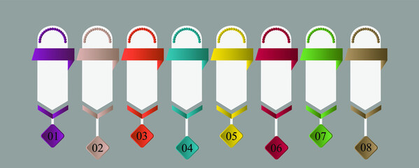 Business data visualization, infographics. Scheme of the process of elements with the help of graphics, figure diagrams in eight stages, numbers, icons, variants, parts. Business vector for presentati