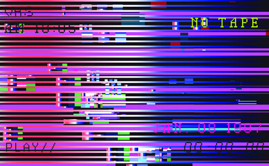 Glitch datamoshing camera effect. Retro VHS background like in old video tape rewind or no signal TV screen. Vaporwave and retrowave style vector illustration.