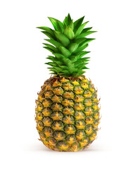 whole pineapple with green leaves on white background