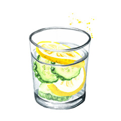 Glass of purified drinking water with fresh lemon and cucumber slices. Hand drawn watercolor illustration isolated on white background
