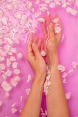 Obraz na płótnie Canvas Top view of female hands in a bathtub in pink water with petals. Spa care.