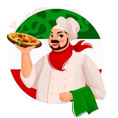 Cartoon Color Character Person Male Chef Pizza Concept. Vector
