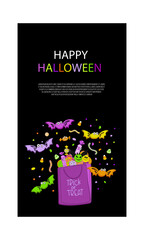 Posters, templates, cards, Halloween holiday invitations. Sweets, corn, candy lollipops on a black background. Festive lettering in hand-drawn and cartoon style and traditional colors holiday.