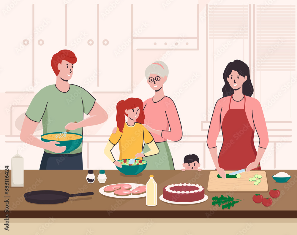 Wall mural Cartoon Color Characters People and Family Cooking Concept. Vector