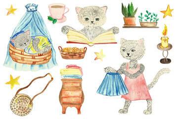 Watercolor illustration of a family of cats. Set of kittens, animals, clothes, food, books, candle, tea, houseplants. Home comfort concept. Cartoon characters live like people. Baby in the cradle.