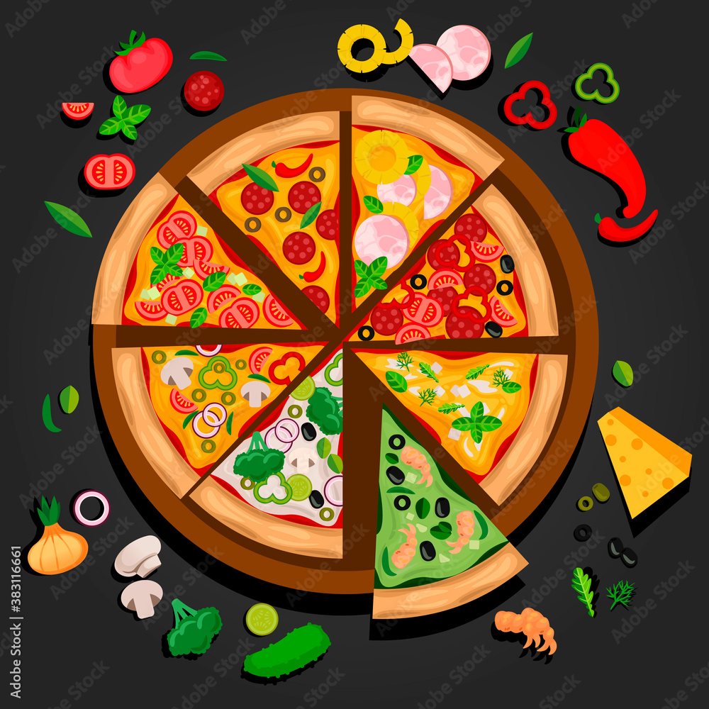 Poster cartoon color slice of pizza make create concept. vector