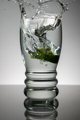 Lime splashing water from glass.