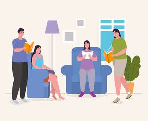 people reading book on chairs at home design of Activity and leisure theme Vector illustration