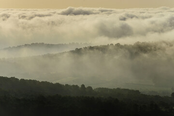 Obraz premium fog over Llucmajor, Santuario de Gracia, Mallorca, Balearic Islands, Spain