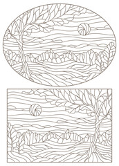 Set of contour illustrations of stained glass Windows with landscapes, dark outlines on a white background, horizontal orientation