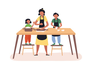 Mom and her kids boy and girl cooking together. Colorful cartoon flat vector illustration isolated on white