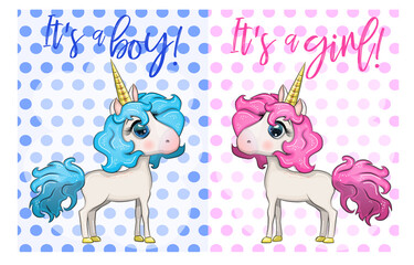 Baby Shower Greeting Card with cute Cartoon Unicorn girl and boy