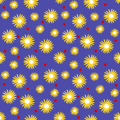 daisy pattern with ladybugs, vector blue and yellow colors, seamless drawing