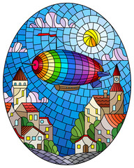 Illustration in stained glass style with bright rainbow balloon flying over the city on the background of cloudy sky and sun, oval image