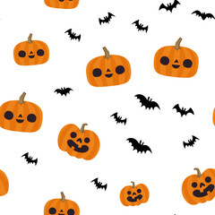 Pumpkins and bats halloween pattern. Seamless texture with cute and funny illustrations.