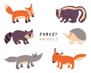 Collection of forest animals. Vector illustration on a white isolated background.