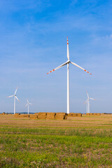 Windmill farm in Poland, windmills in the harvested field on beautiful bright day