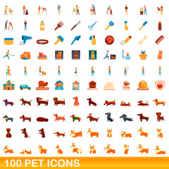 100 pet icons set. Cartoon illustration of 100 pet icons vector set isolated on white background