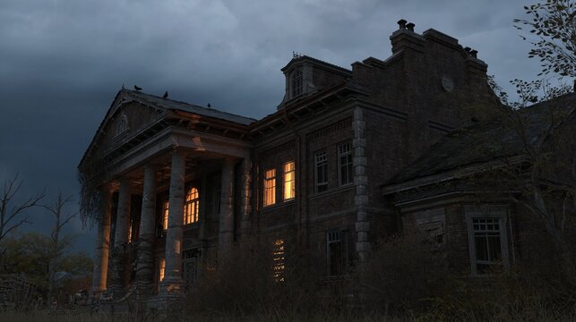 An Old Abandoned Brick Mansion Among Wild Vegetation And Old Trees Against A Gray Stormy Sky With Clouds. A Classic Scene From A Horror Movie. 3D Illustration.