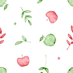 Seamless pattern with watercolor apples and leaves. Hand drawn illustration is isolated on white. Floral ornament is perfect for vintage design, interior wallpaper, fabric textile, linens