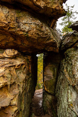 stone city in the woods moss-grown nature of Russi. Usva, Ural.