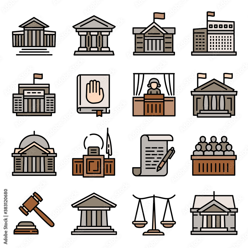 Poster courthouse icons set. outline set of courthouse vector icons for web design isolated on white backgr