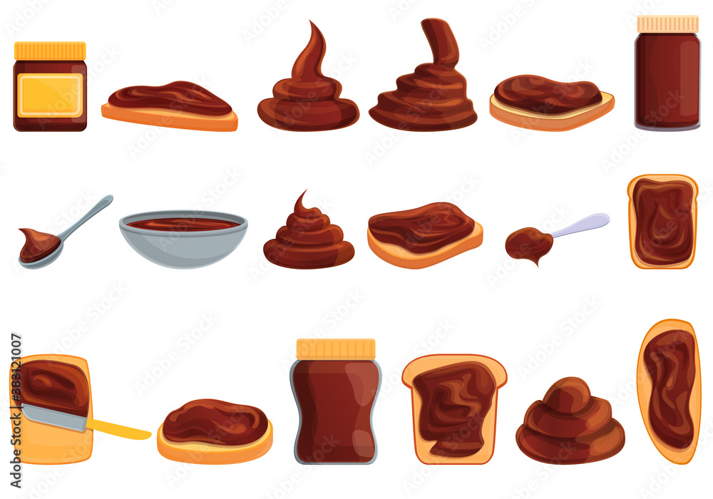Aufkleber chocolate paste icons set. cartoon set of chocolate paste vector icons for web design