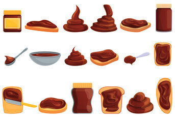 Chocolate paste icons set. Cartoon set of chocolate paste vector icons for web design