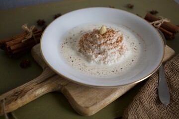 Scandinavian Christmas porridge with almond on top.