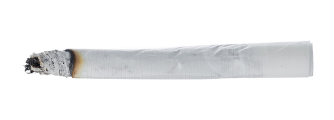 Burning cigarette isolated on white background close up