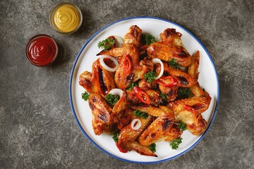 Delicious grilled chicken wings with chili pepper, onion and parsley on concrete background. Top view. 