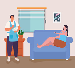 woman and man on couch and cooking at home design of Activity and leisure theme Vector illustration