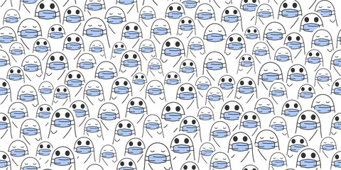 Halloween seamless pattern, Cute ghost wear a masks on white background, Cute ghost icons.