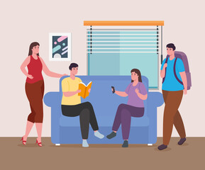 people reading with control and bag home design of Activity and leisure theme Vector illustration