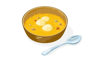 Brown bowl with yellow korean dish Hobakjuk and spoon. Smooth, naturally sweet porridge made with pumpkin, beans and glutinous rice flour. Vector illustration isolated on white for menu, recipe.