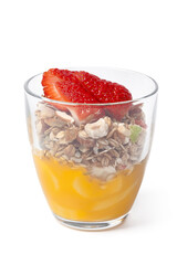 Granola with jam and strawberries isolated on white