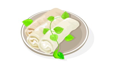 Asian spring rolls served with greenery on plate. Rolled appetizers with cabbage, carrot, other vegetables or meat fillings inside thinly wrapped cylindrical pastry. Vector isolated on white.