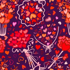 Seamless pattern. Bouquets of hearts on a dark background. Bright simple Doodle style.