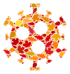 Covid-2019 Virus mosaic icon organized for fall season. Vector covid-2019 virus mosaic is designed from scattered autumn maple and oak leaves. Mosaic autumn leaves in bright gold,