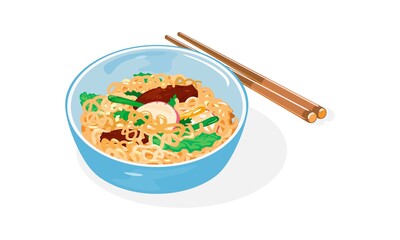 Light blue bowl of Jajangmyeon with chunjang and chopsticks. Korean-style Chinese noodle dish topped with thick sauce made of tianmian sauce, diced pork and vegetables. Vector isolated on white.