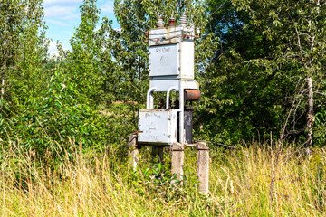 Voltage power transformer substation at the village