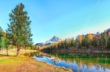 Fototapeta premium Astonishing view of popular travel destination mountain lake Antorno in autumn