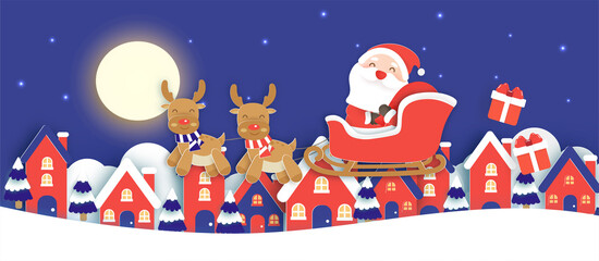 Christmas banner, background with a Santa Clause and reindeers in the snow village paper cut and craft style.