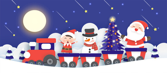 Christmas banner, background with a Santa Clause and friends standing on a train in paper cut and craft style.